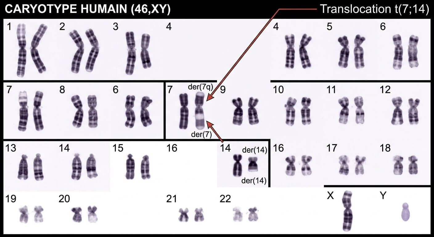Caryotype génétique complet montrant un échange de segments entre deux chromosomes.