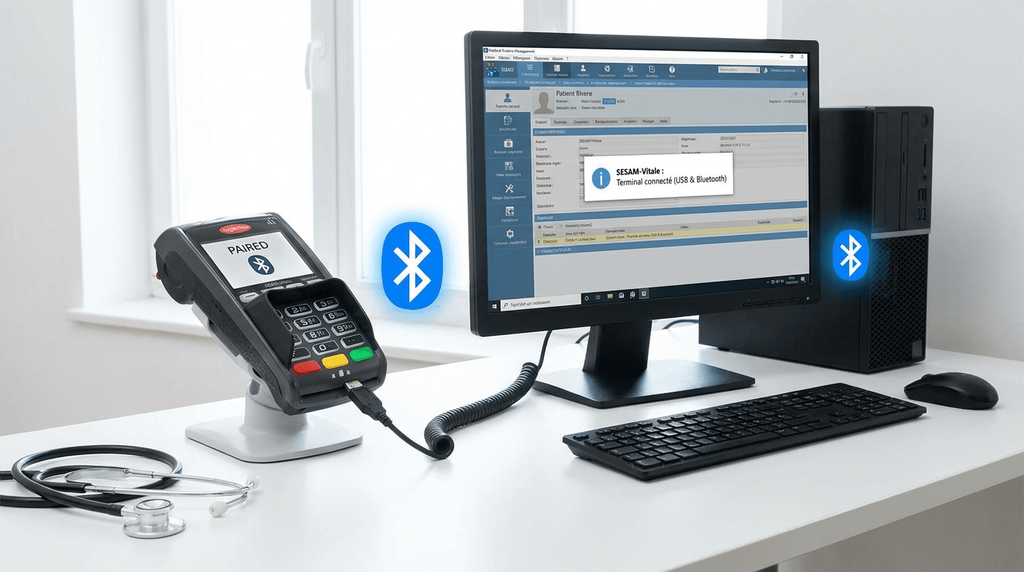 Problème lecteur eS-KAP-Ad : les pannes courantes et solutions 4 Câble USB et appairage Bluetooth du terminal SESAM-Vitale avec le logiciel médical.