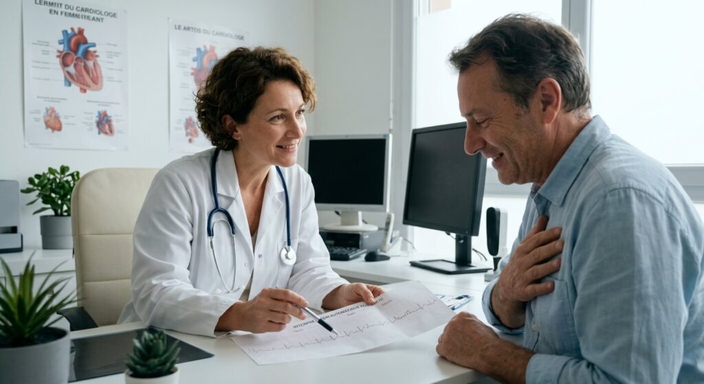 Cardiologue expliquant les résultats d'un tracé cardiaque à un patient rassuré.