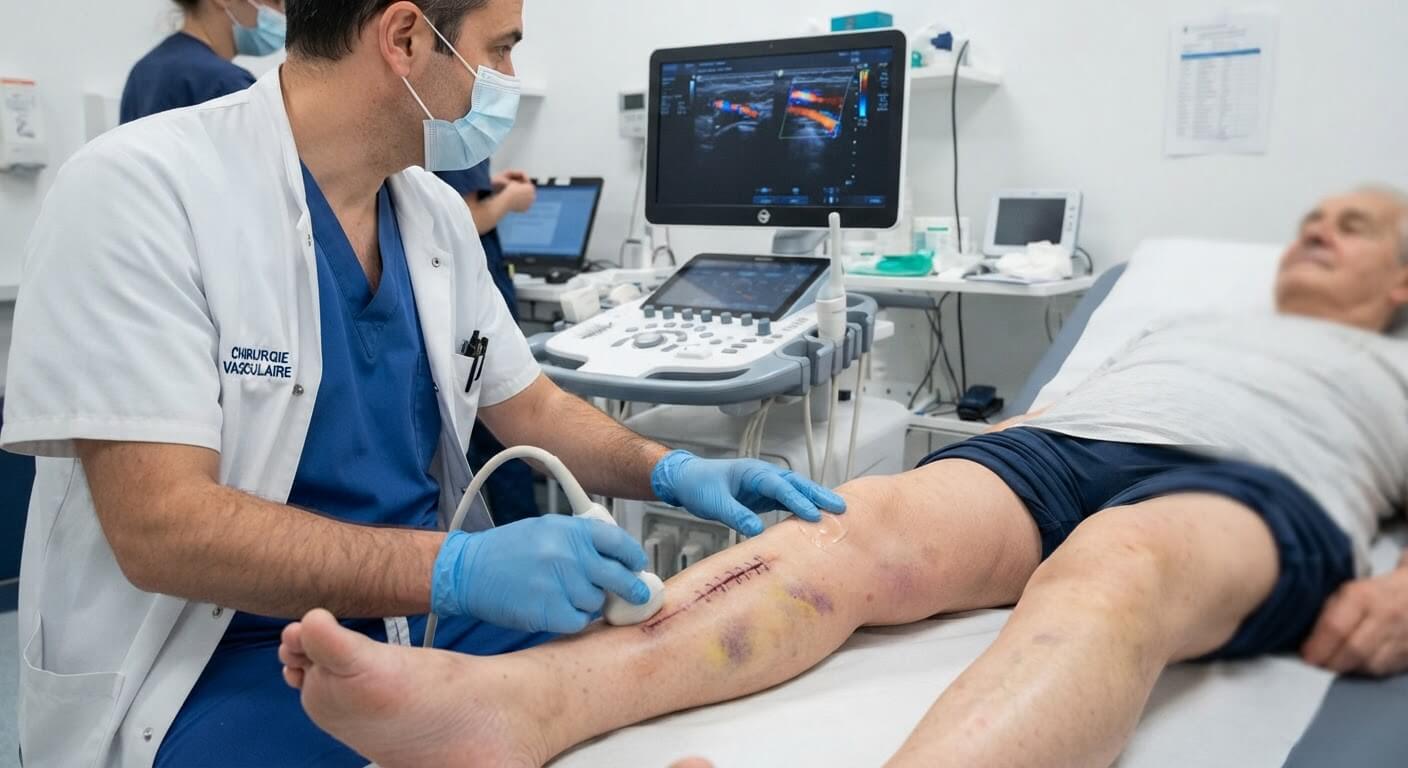 Chirurgien vasculaire réalisant un écho-Doppler de contrôle sur le pontage de la jambe.