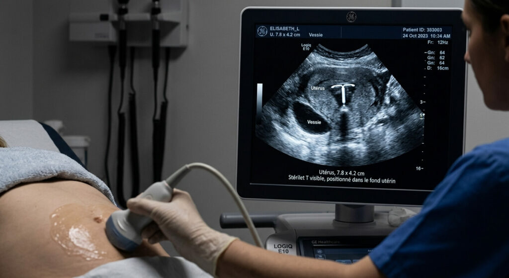 Stérilet impossible à retirer : causes, pannes et solutions 2 Échographie pelvienne médicale pour localiser un stérilet dans l'utérus.