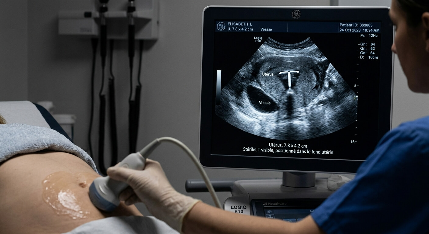 Échographie pelvienne médicale pour localiser un stérilet dans l'utérus.