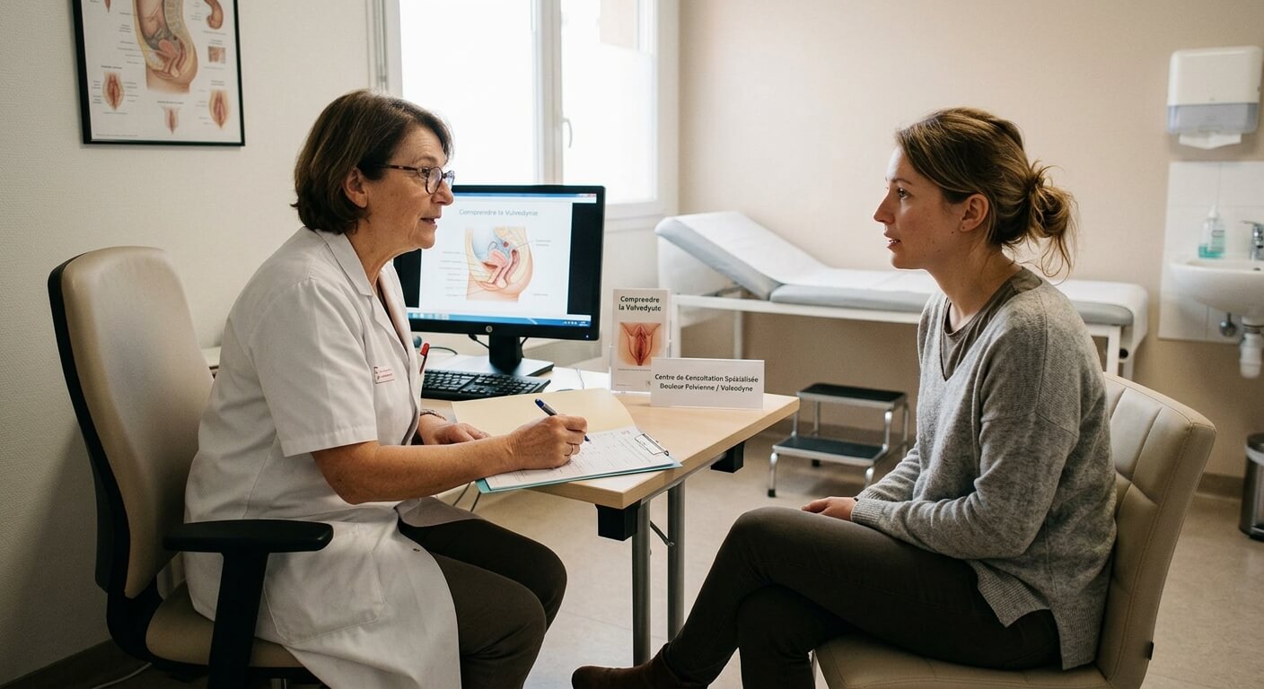Patiente en consultation gynécologique spécialisée pour le diagnostic d'une vulvodynie.