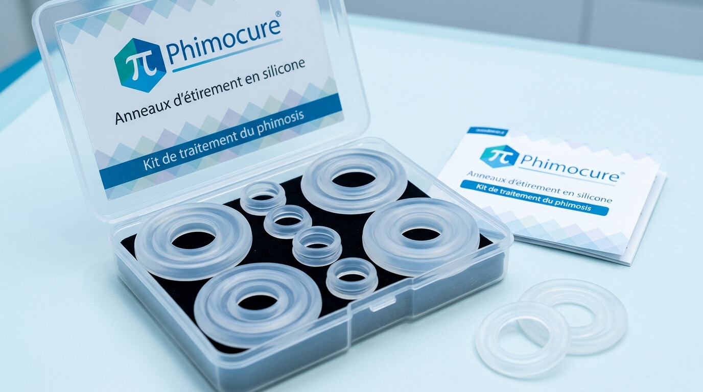 Boîtier contenant les anneaux d'étirement en silicone du kit Phimocure.