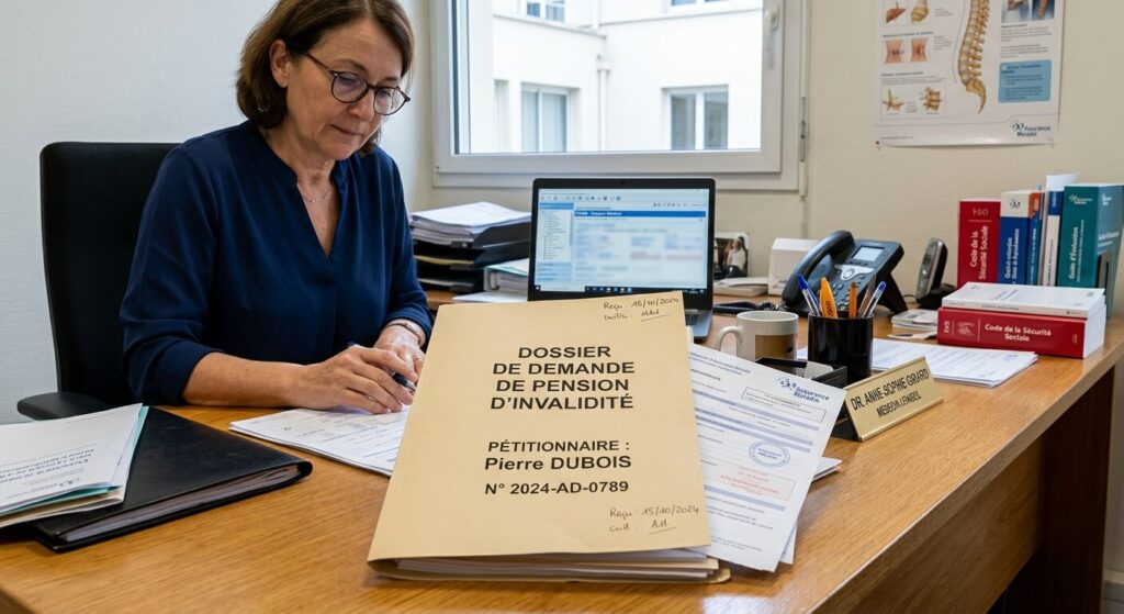 Dossier de demande de pension d'invalidité sur le bureau d'un médecin conseil.