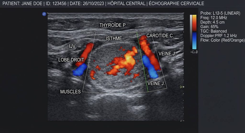 Échographie cervicale montrant le parenchyme thyroïdien et la vascularisation par Doppler.