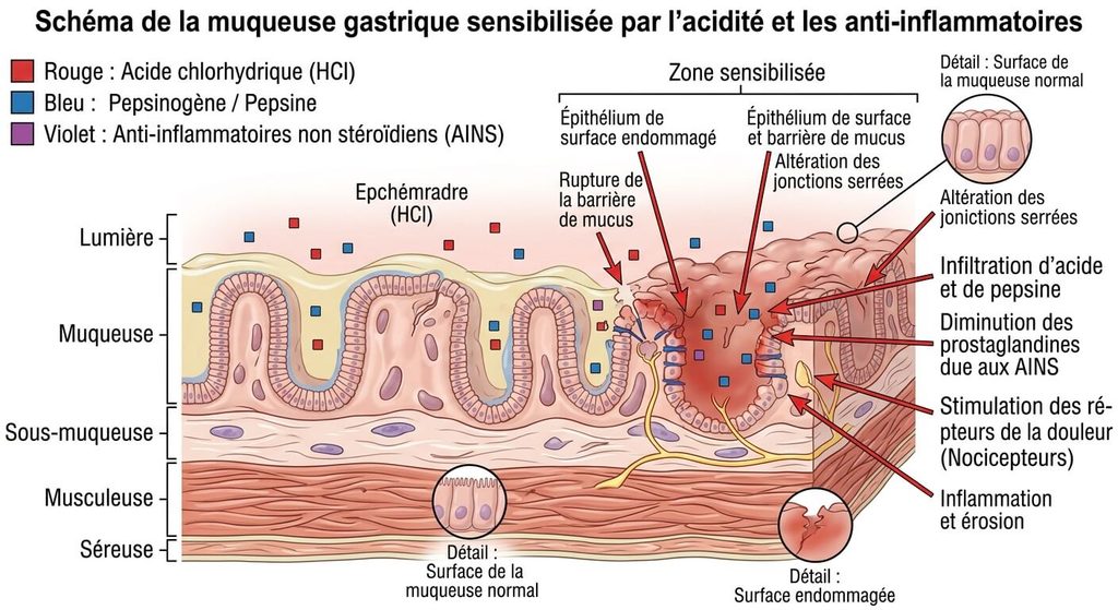 Schéma de la muqueuse gastrique sensibilisée par l'acidité et les anti-inflammatoires.