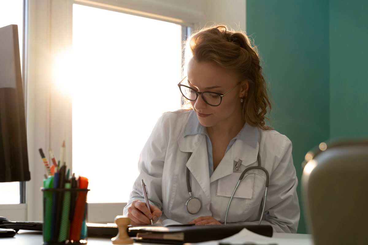 Un stagiaire en formation de cadre médico-social travaillant sur son dossier d'expertise.