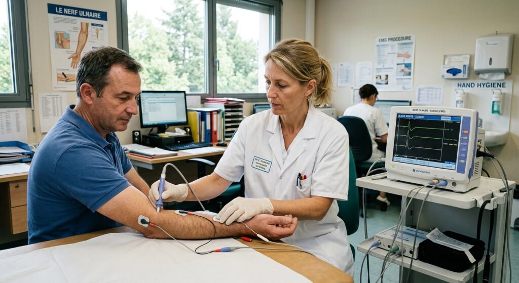 Rente pour maladie professionnelle du nerf ulnaire : indemnités et taux d'IPP 2 Neurologue réalisant un electromyogramme pour compression du nerf ulnaire au coude.