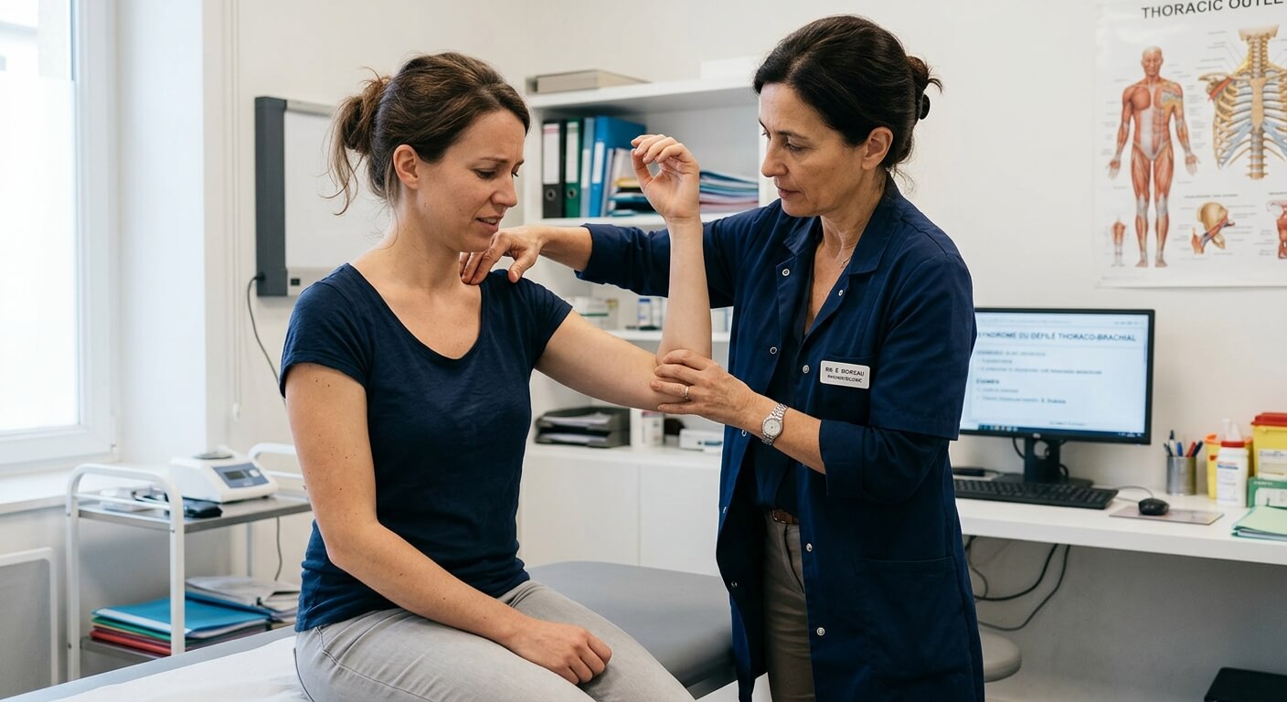 Médecin examinant le bras et l'épaule d'un patient souffrant du défilé thoraco-brachial.