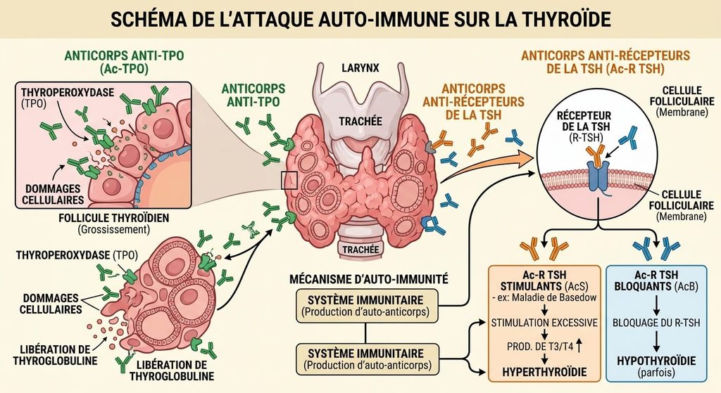 Schéma médical de la thyroïde attaquée par des anticorps anti-TPO et anti-récepteurs de la TSH.