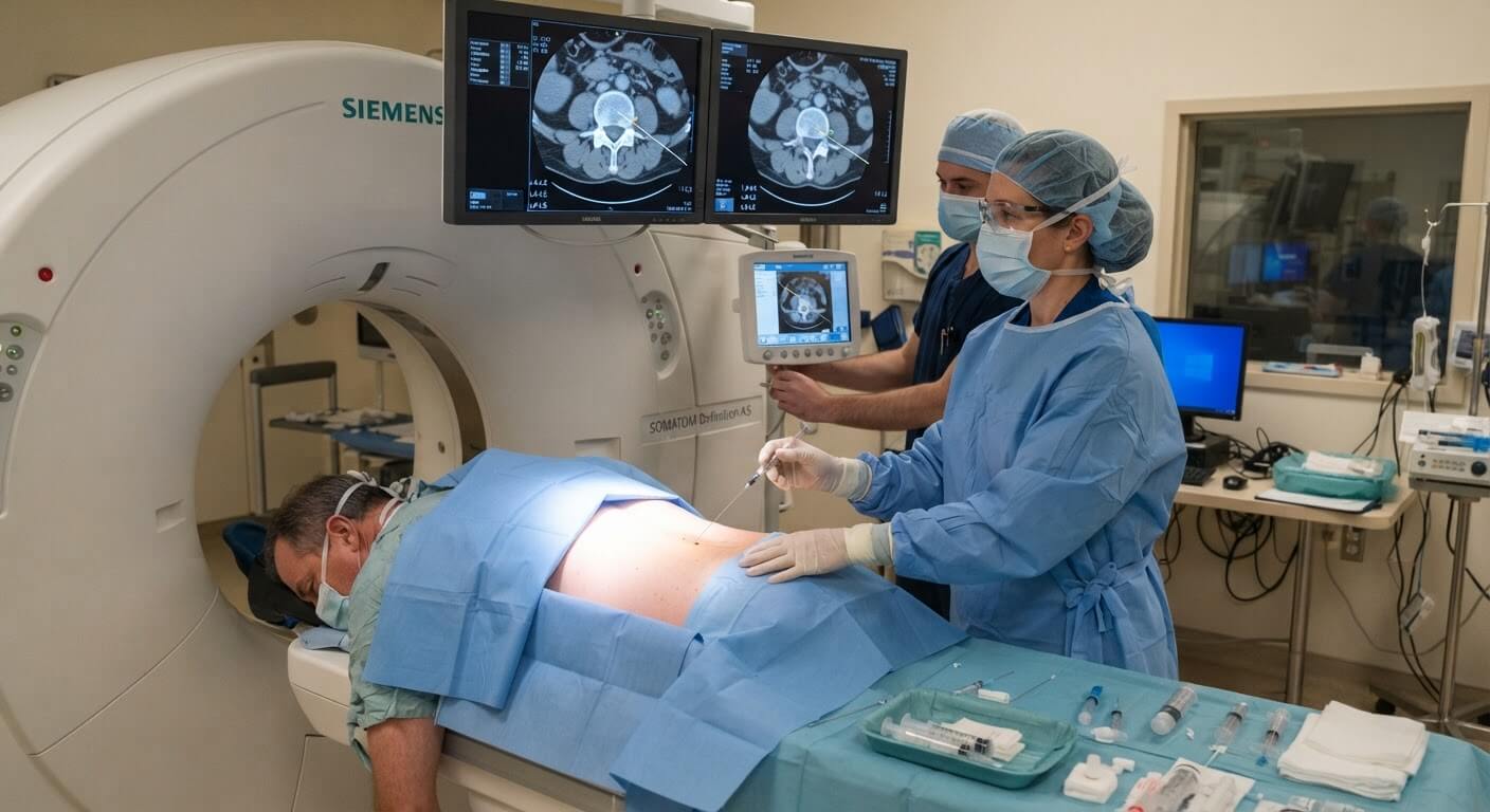Radiologue réalisant une infiltration foraminale lombaire sous contrôle scanner.