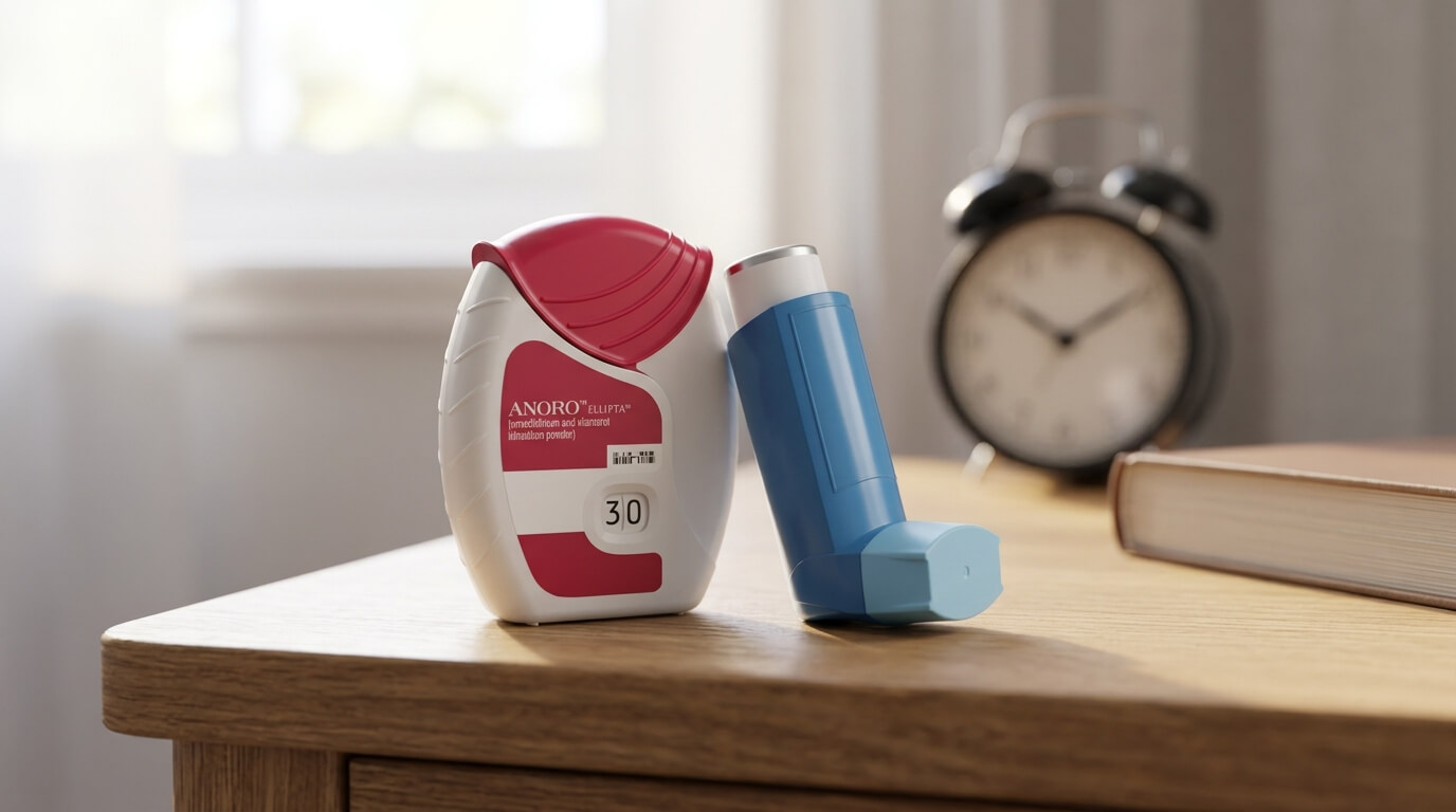 Inhalateur de poudre Anoro Ellipta posé à côté d'un spray de Ventoline bleue.