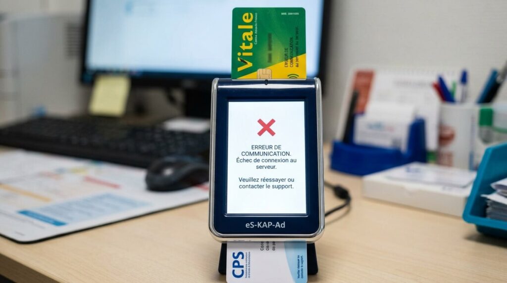 Problème lecteur eS-KAP-Ad : les pannes courantes et solutions 2 Lecteur de carte Vitale et CPS ES-KAP-AD affichant un message d'erreur de communication.