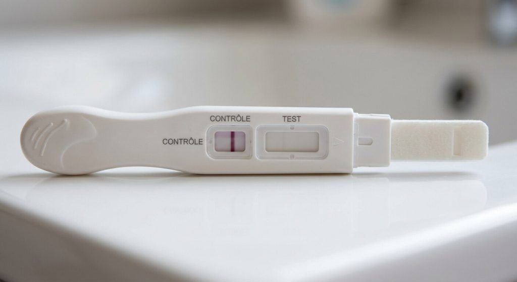 Bâtonnet de test de grossesse urinaire avec lecture des deux fenêtres de contrôle et test.