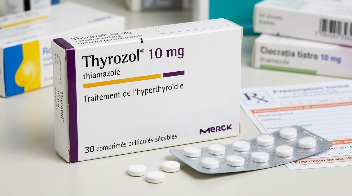 Boîte et comprimés de Thyrozol thiamazole pour le traitement de l'hyperthyroïdie.