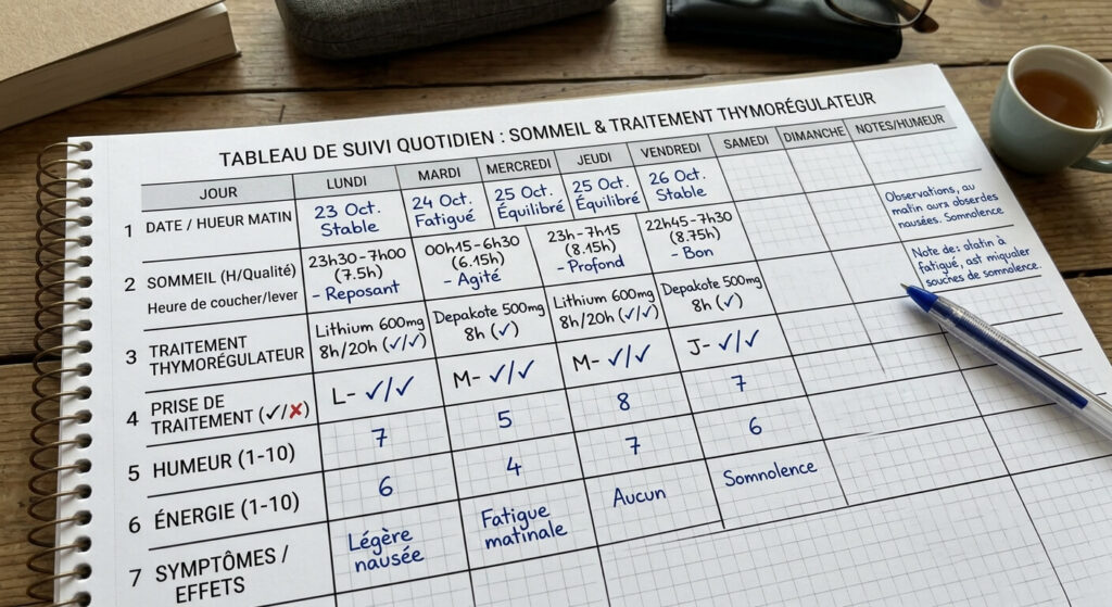 Tableau de suivi quotidien pour le sommeil et la prise de traitement thymorégulateur.
