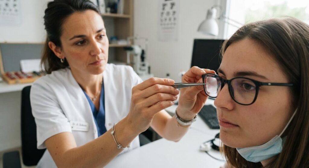 Orthoptiste appliquant un film adhésif prisme Press-On sur le verre de lunettes d'un patient.