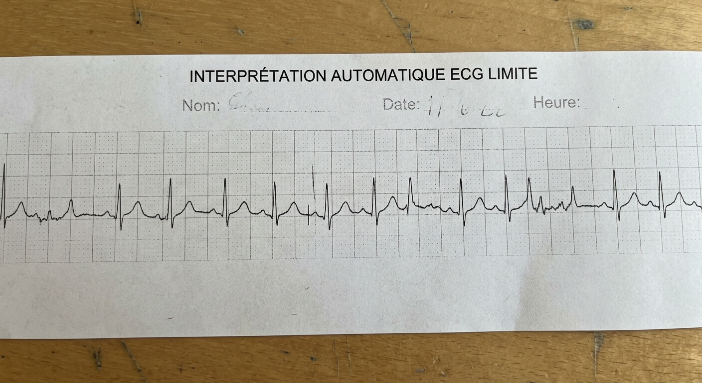 Impression papier d'un tracé d'électrocardiogramme avec la mention d'interprétation automatique ECG limite.