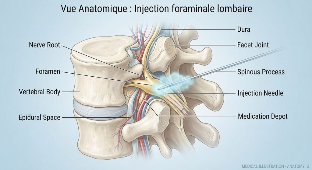 Vue anatomique montrant l'injection d'anti-inflammatoire au contact de la racine nerveuse dans le foramen.