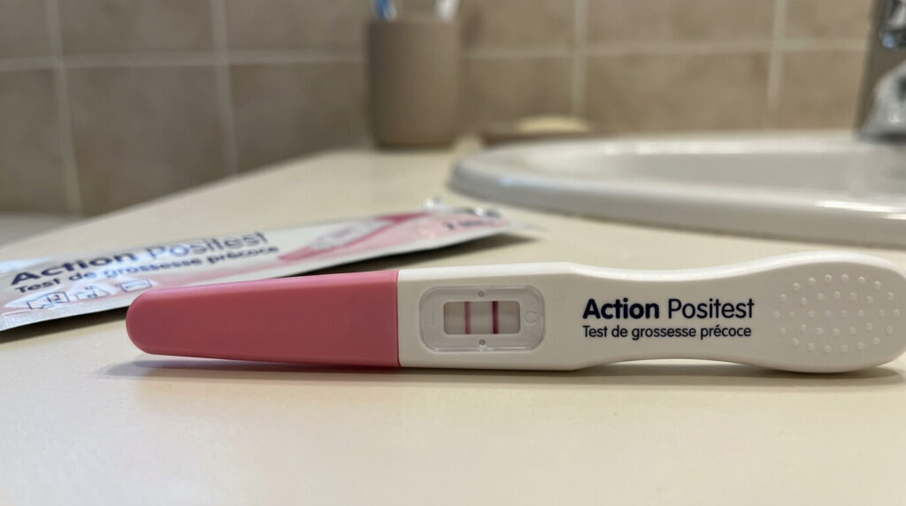 Test de grossesse Action positif : fiabilité, lecture et confirmation 2 Deux barres roses bien visibles sur un test de grossesse précoce Action Positest.