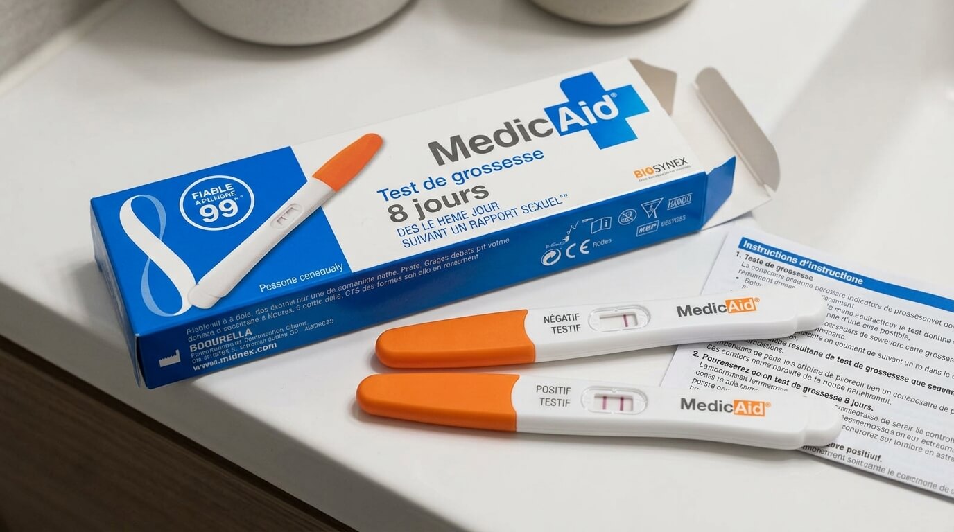 Boîte et bâtonnet de test de grossesse précoce MédicAID 8 jours avec résultat négatif/positif.