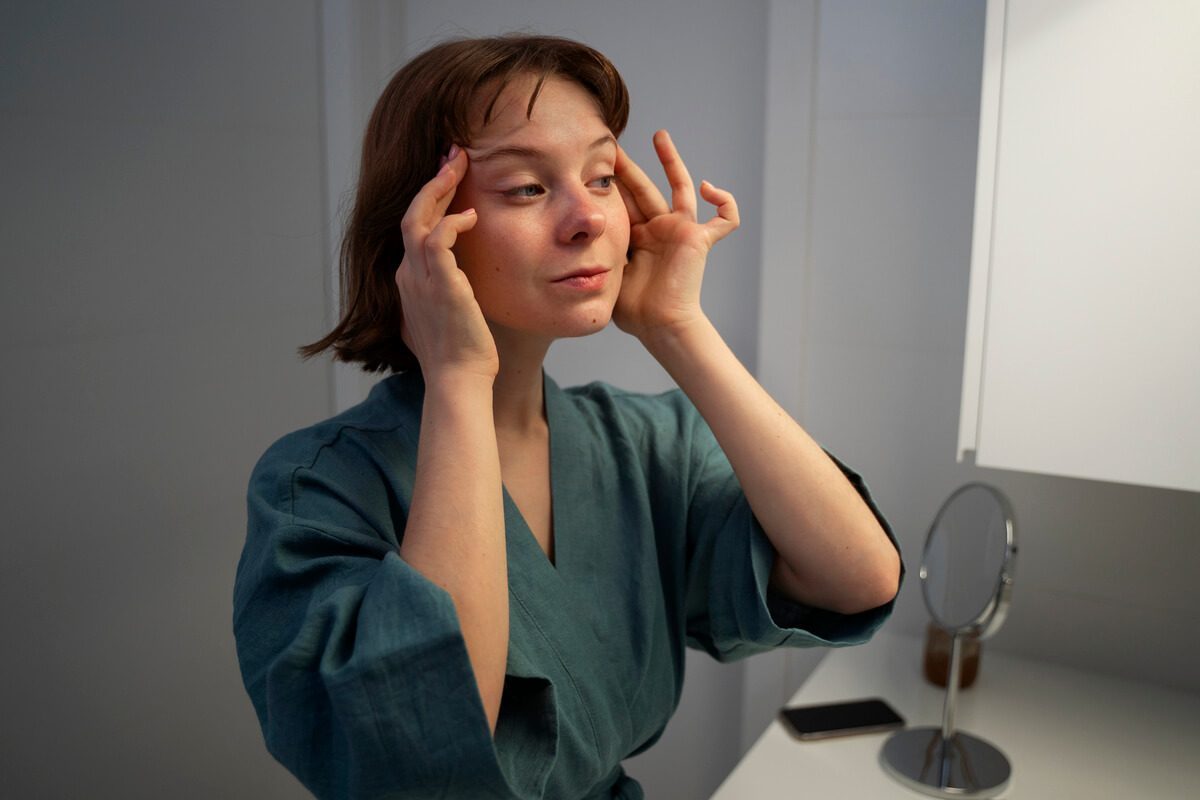 Femme réalisant un automassage lissant sur son visage devant un miroir pendant sa routine du soir.