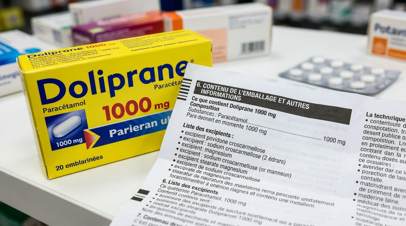 Boîte de Doliprane 1000 mg montrant la composition et la liste des excipients de la notice.