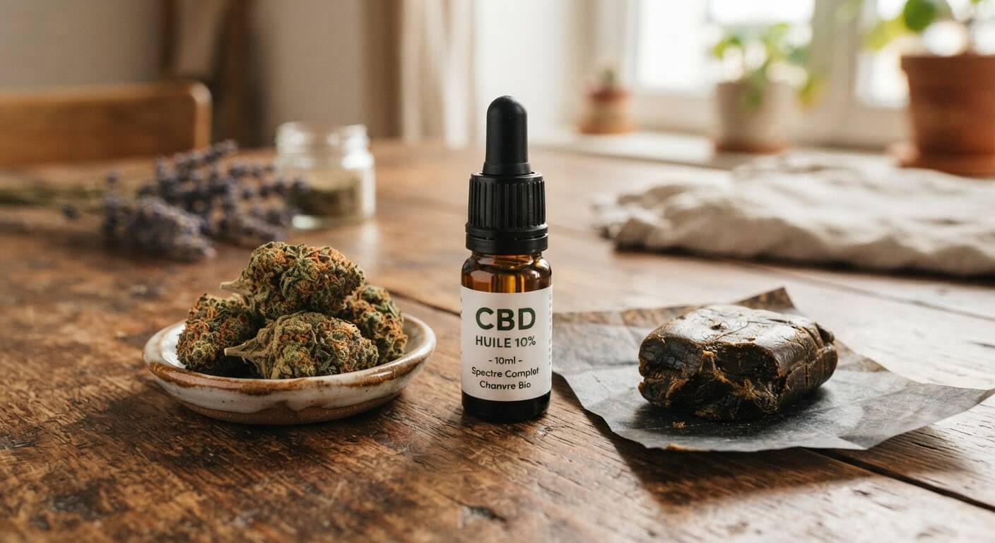 Présentation d'un flacon d'huile, de têtes de fleurs et d'un morceau de résine de CBD sur une table.