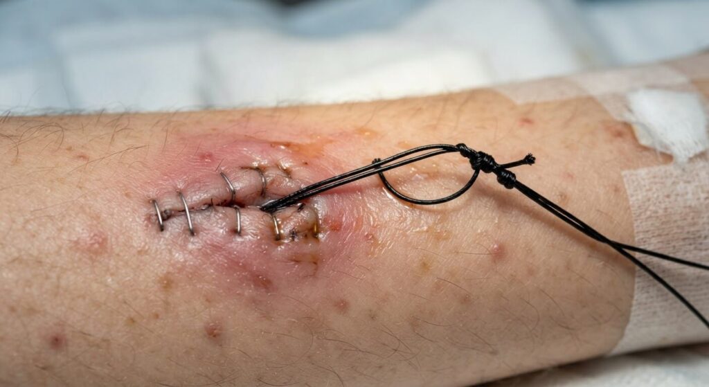 Crin de Florence : définition, origine et utilisation en chirurgie 2 Fil chirurgical type crin de Florence posé en séton pour drainer les sécrétions d'une plaie.