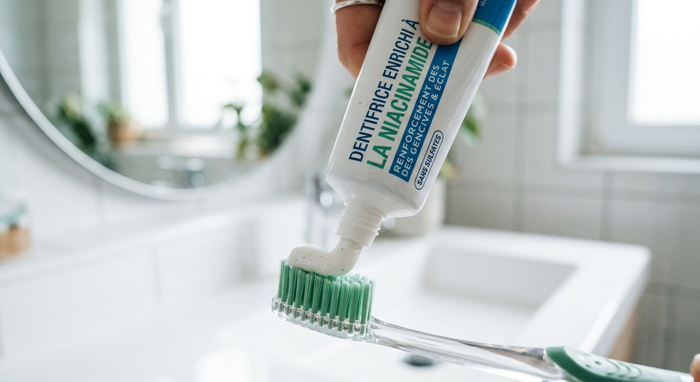 Tube de dentifrice enrichi à la niacinamide appliqué sur une brosse à dents.