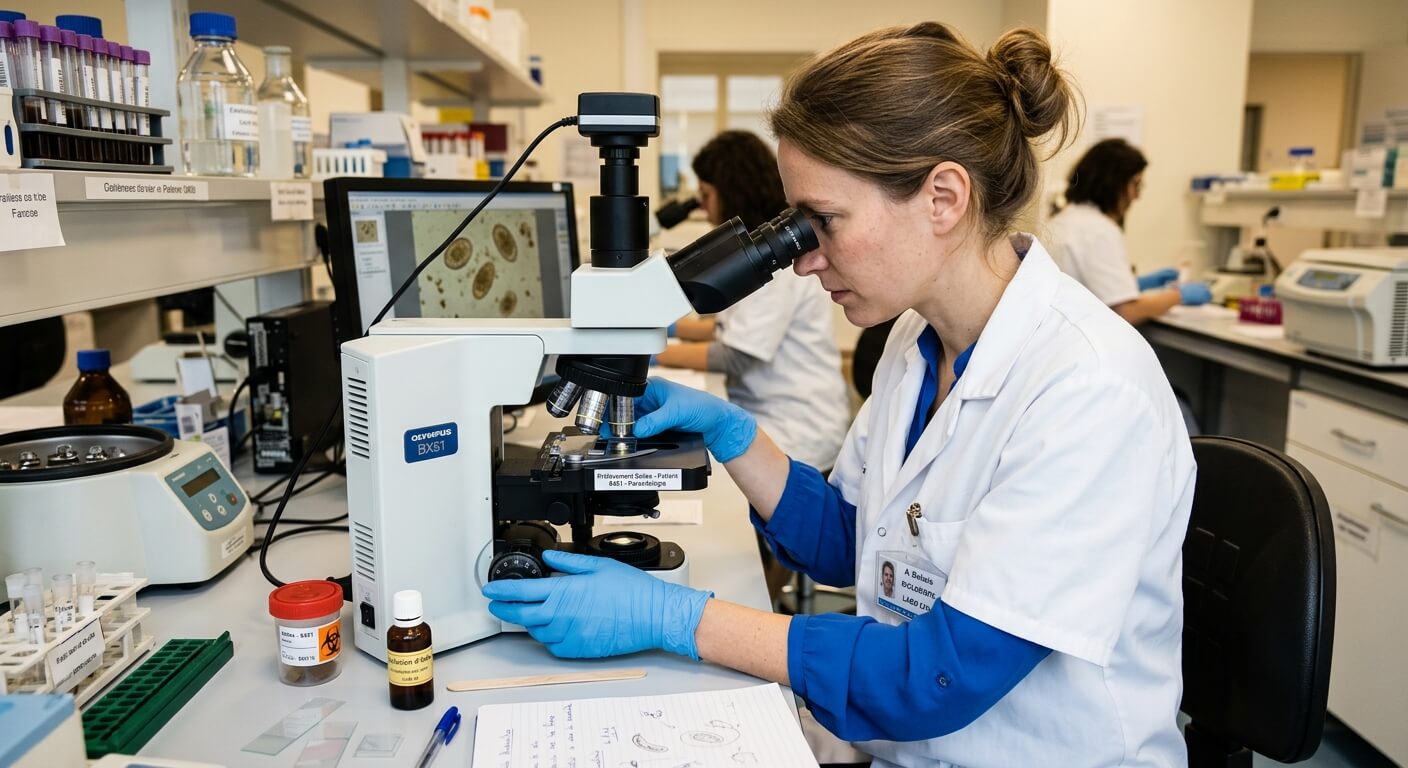 Biologiste examinant un prélèvement de selles au microscope pour rechercher des parasites digestifs.