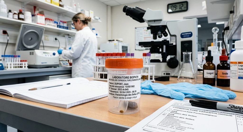 Blastose : définition et signification sur une prise de sang 4 Flacon stérile de recueil de coproculture pour diagnostic parasitologique en laboratoire d'analyses médicales.