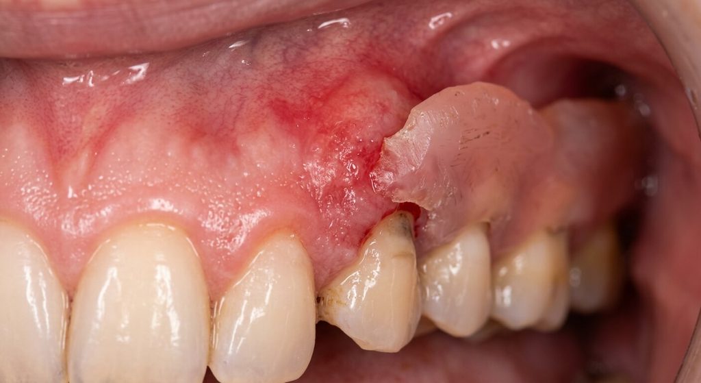 Vue rapprochée d'une gencive rougie par un excès de contour d'une prothèse dentaire mal ajustée.