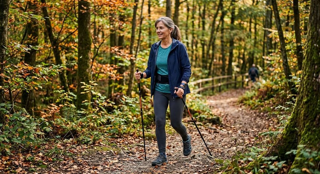 Témoignage après arthrodèse L5-S1 : à quoi s'attendre ? 4 Personne opérée du dos reprenant la marche active sur un chemin forestier lors de sa rééducation.