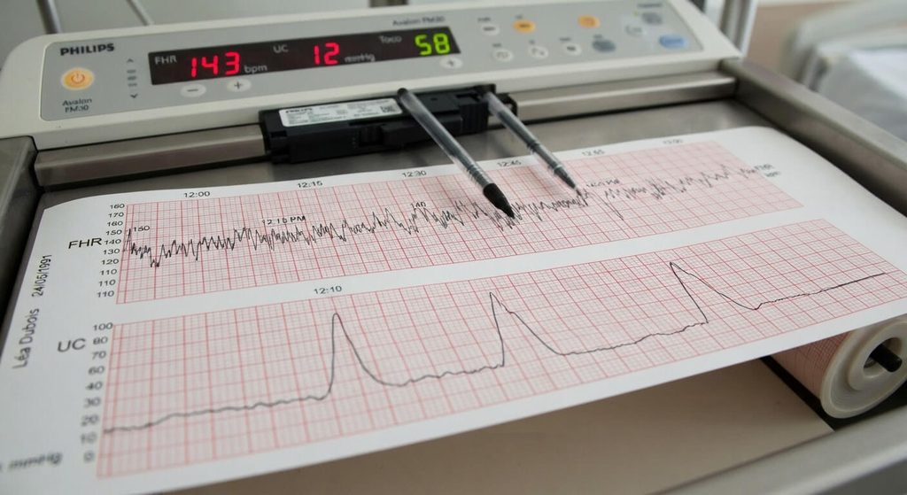 Tracé de monitoring fœtal enregistrant le rythme cardiaque et la fréquence des contractions utérines.