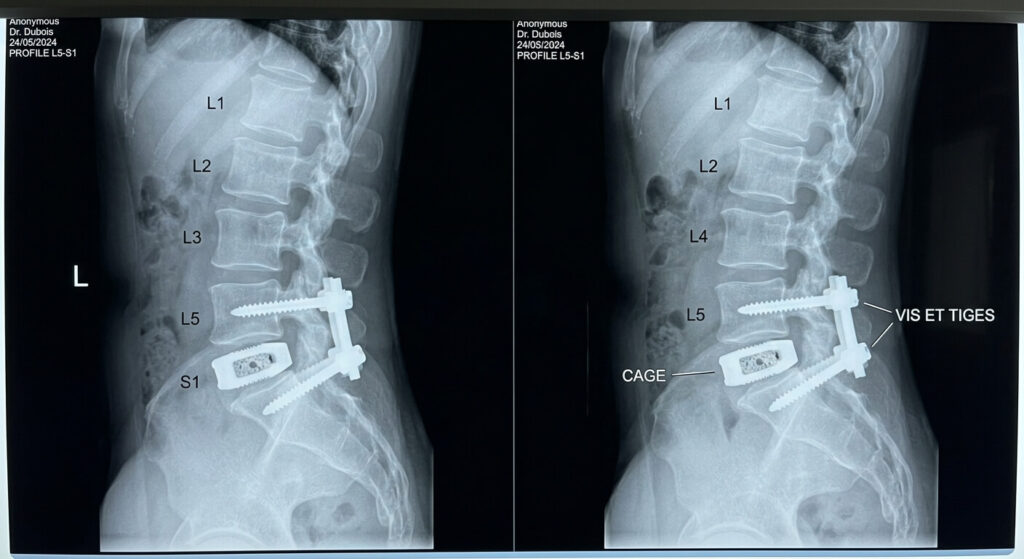 Témoignage après arthrodèse L5-S1 : à quoi s'attendre ? 2 Radiographie de profil du rachis lombaire montrant les vis et la cage de fusion entre L5 et S1.