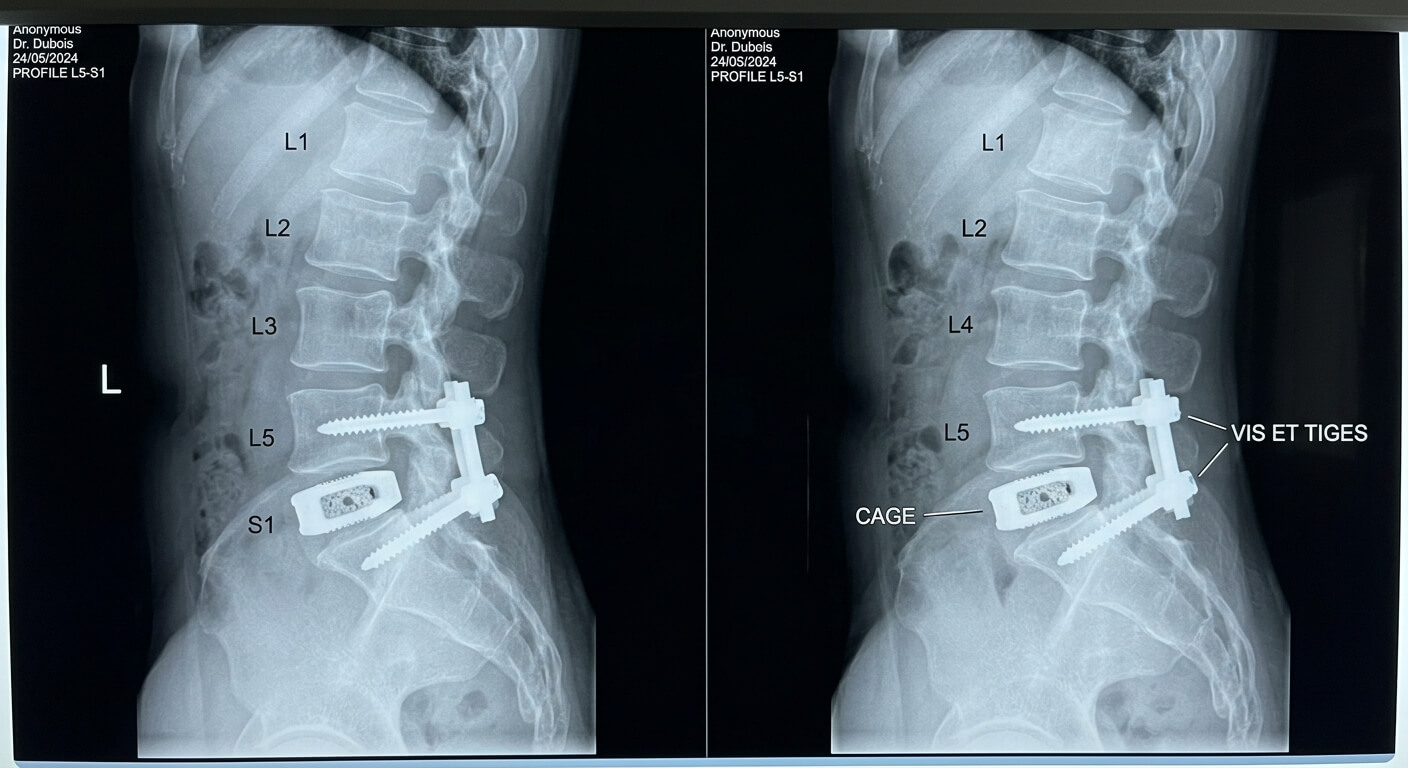 Radiographie de profil du rachis lombaire montrant les vis et la cage de fusion entre L5 et S1.