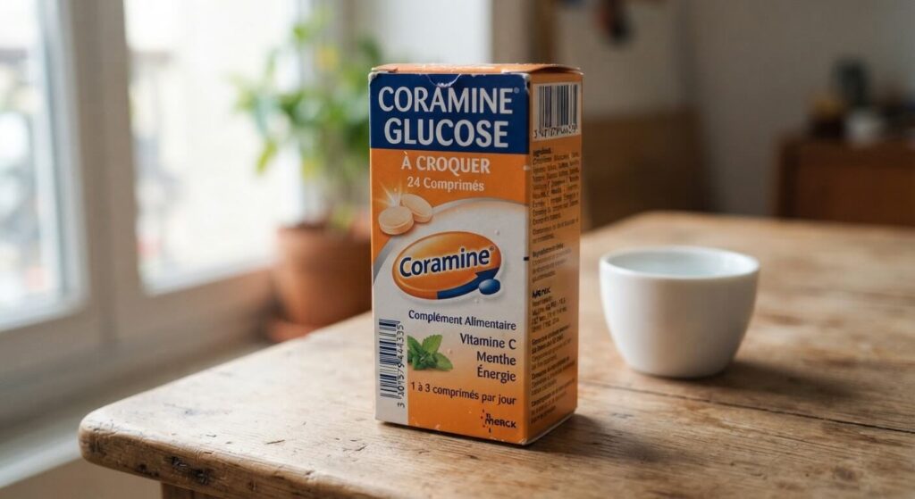 Ancienne boîte de Coramine Glucose à croquer sur un comptoir d'officine