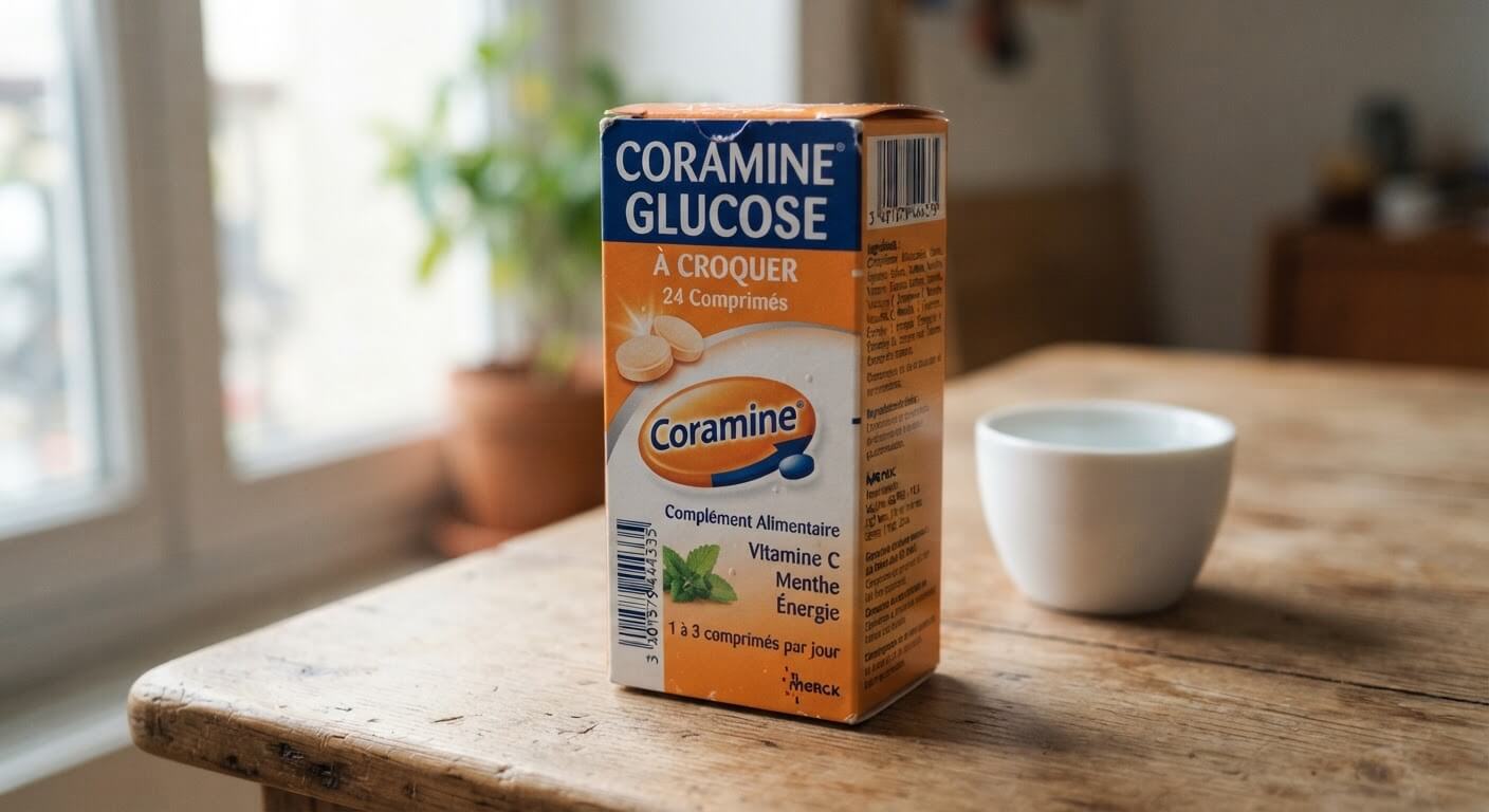 Ancienne boîte de Coramine Glucose à croquer sur un comptoir d'officine