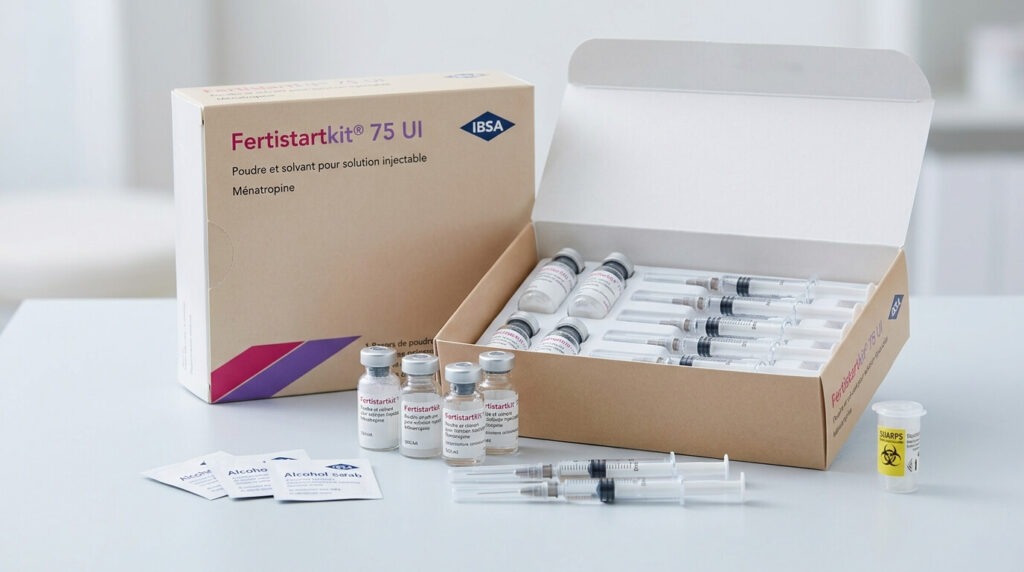 FertiStartKit, taux de réussite : ce que dit la Haute Autorité de Santé 2 Boîte de Fertistartkit avec flacons de poudre et seringues pour stimulation ovarienne.