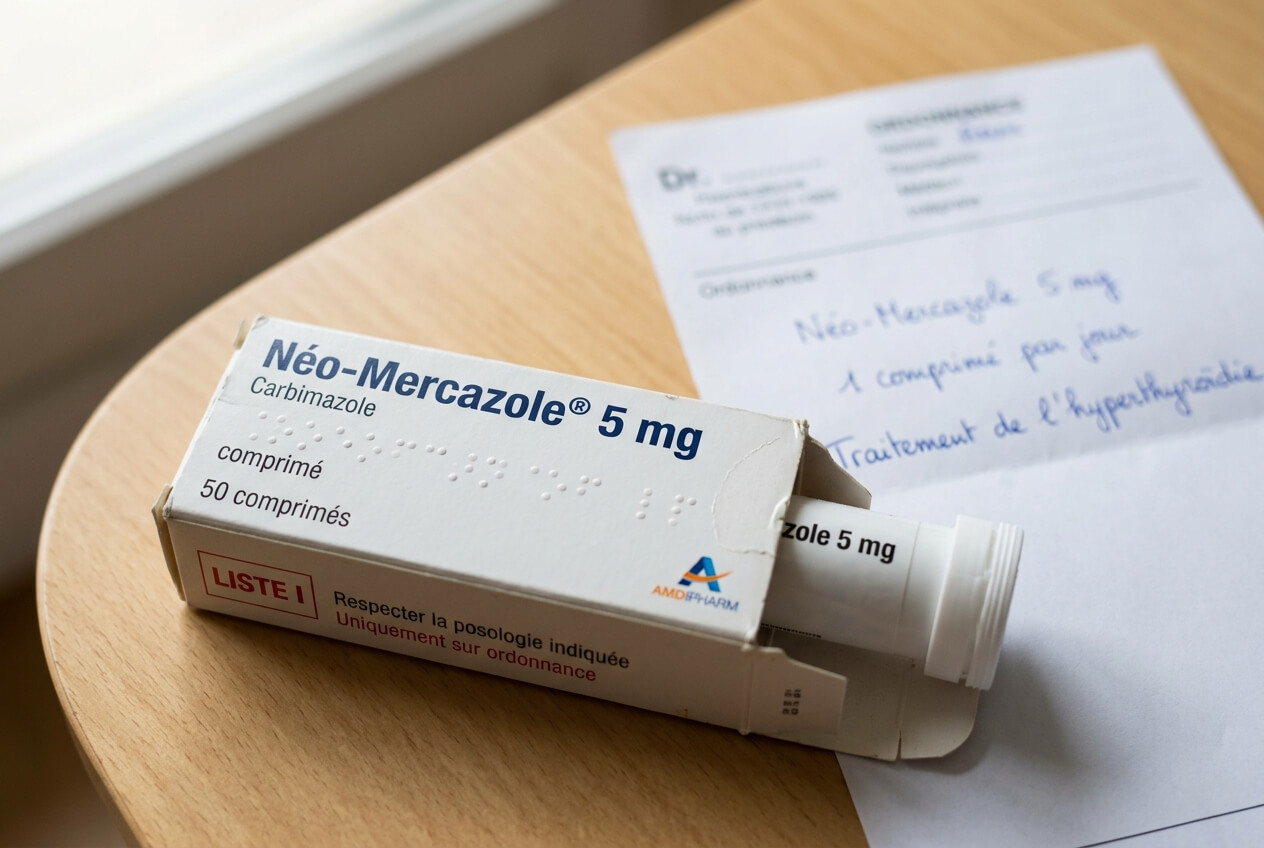 Boîte de comprimés de Néo-Mercazole prescrit pour le traitement de l'hyperthyroïdie.