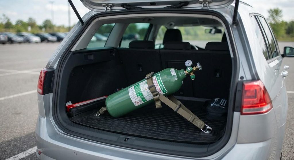 Bouteille d'oxygène médical arrimée en sécurité dans un coffre de véhicule.