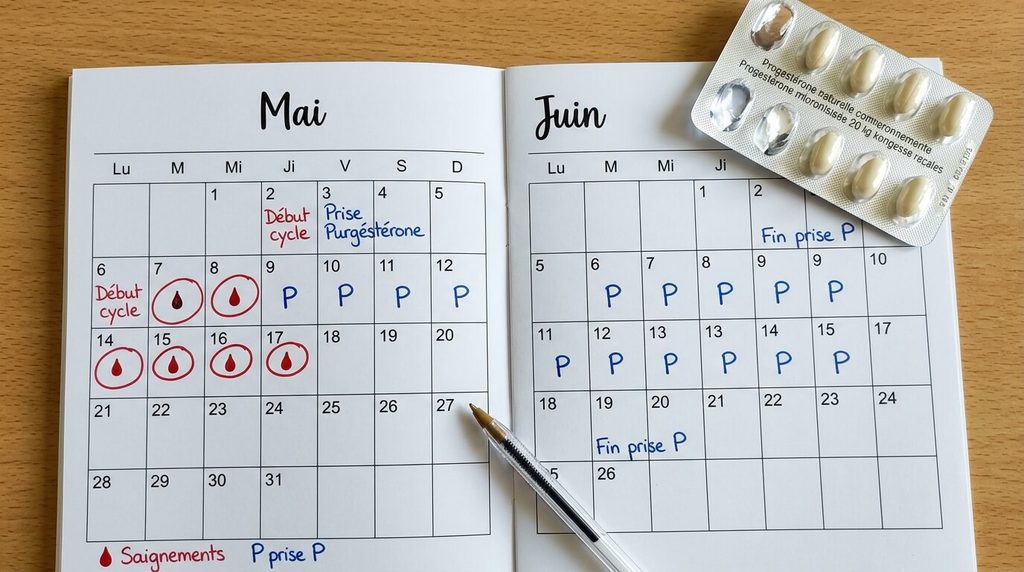 Peut-on avoir ses règles sous progestérone ? 3 Calendrier de suivi menstruel annoté avec des dates de saignements et de prise de progestérone.