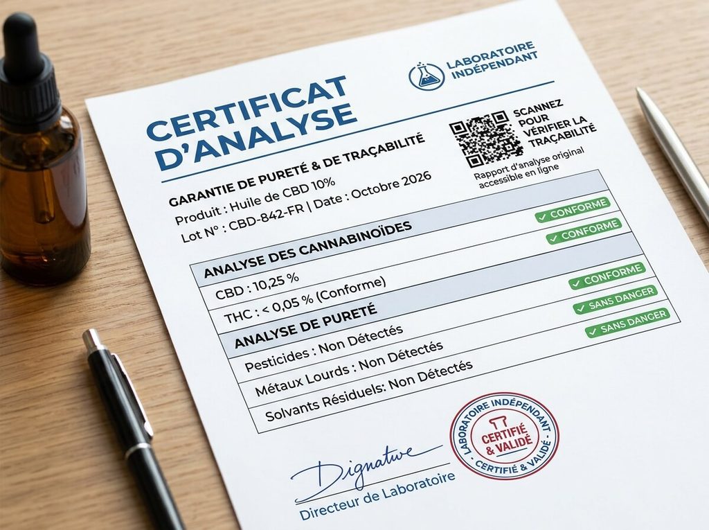 Les critères de transparence et de traçabilité plébiscités par les consommateurs de CBD 3 Certificat d'analyse de laboratoire indépendant accessible par QR code garantissant la pureté et la traçabilité d'un produit au CBD.
