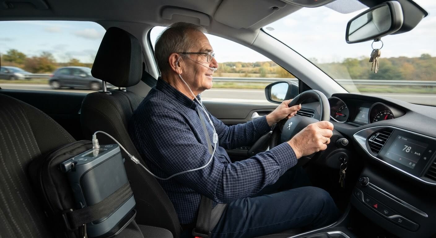 Conducteur portant des lunettes à oxygène reliées à un concentrateur portable sur le siège passager.