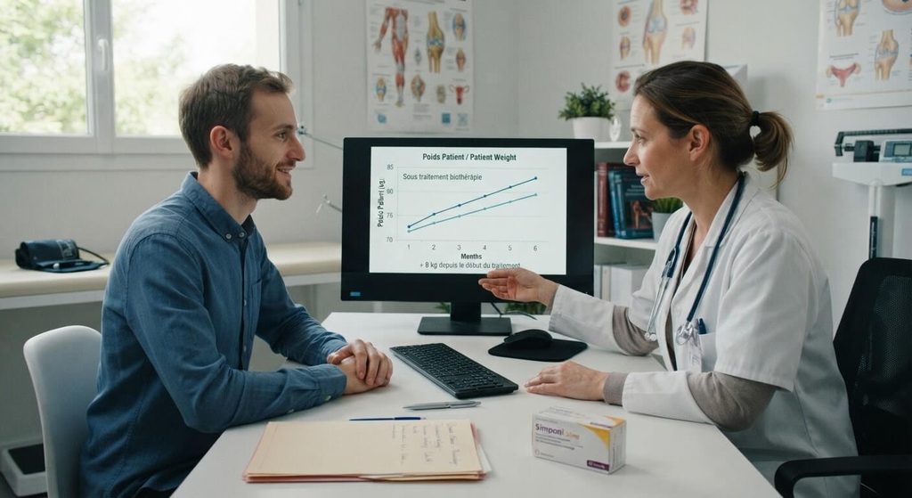 Médecin surveillant l'évolution du poids d'un patient sous traitement de maladie inflammatoire.