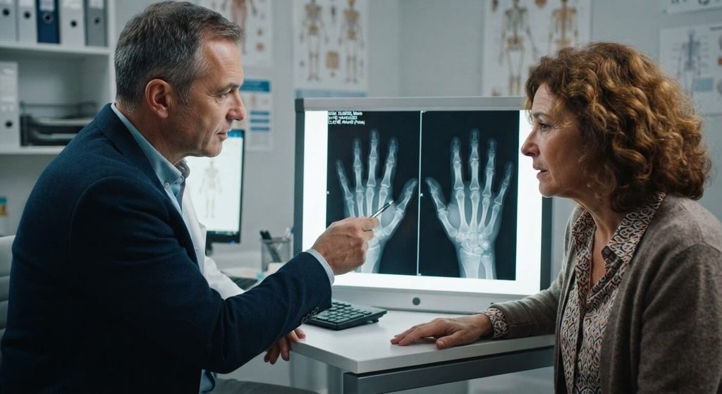 Médecin rhumatologue analysant des clichés radiologiques des mains avec un patient.