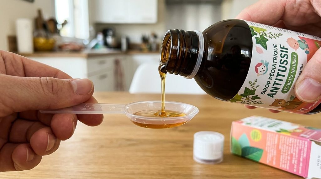Vanilone existe-t-il encore ? Arrêt du Vanilone Infantile et alternatives 3 Cuillère doseuse versant un sirop antitussif pédiatrique moderne à base d'extraits naturels.