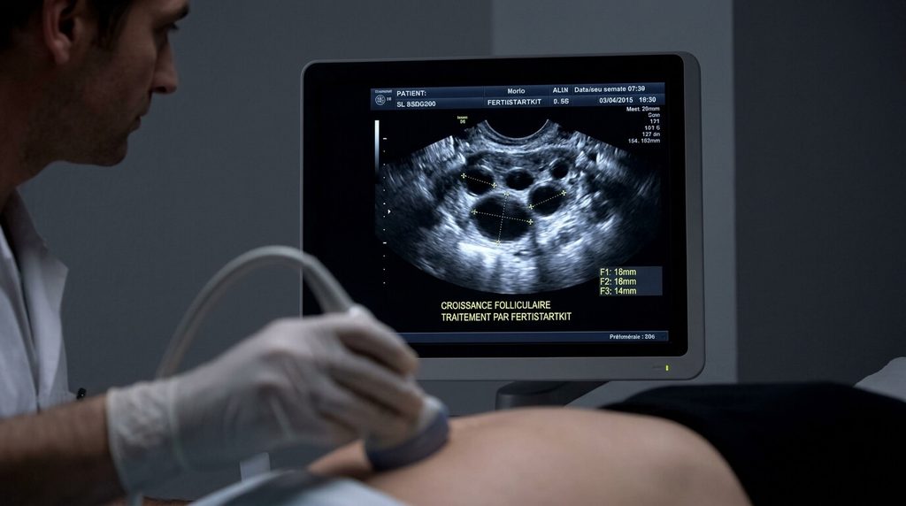 FertiStartKit, taux de réussite : ce que dit la Haute Autorité de Santé 3 Écran d'échographie montrant la croissance folliculaire après traitement par Fertistartkit.